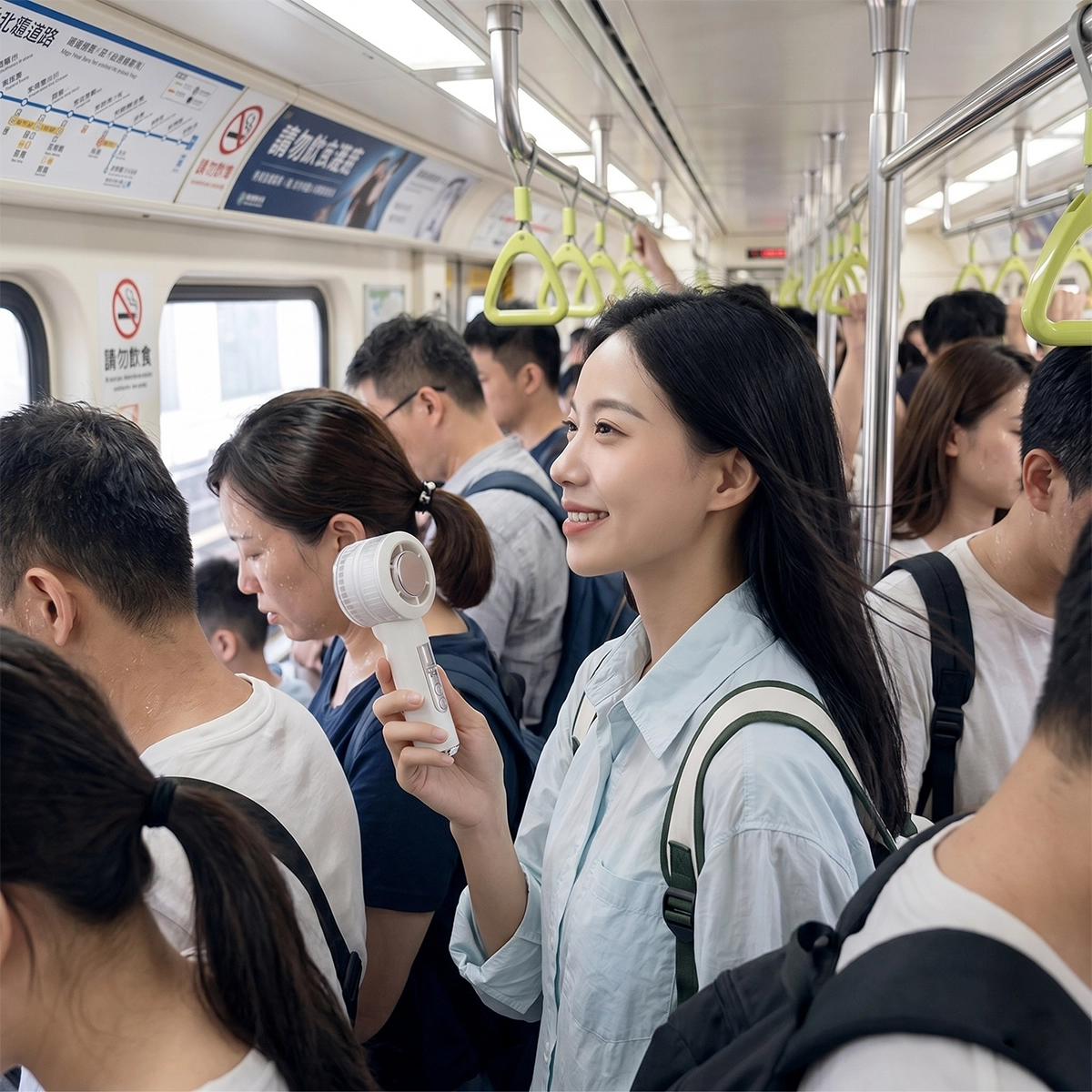 Woman using FAN101 portable cooling fan during summer commuting